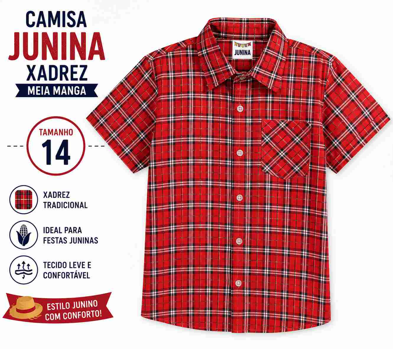 CAMISA JUNINA XADREZ MEIA MANGA